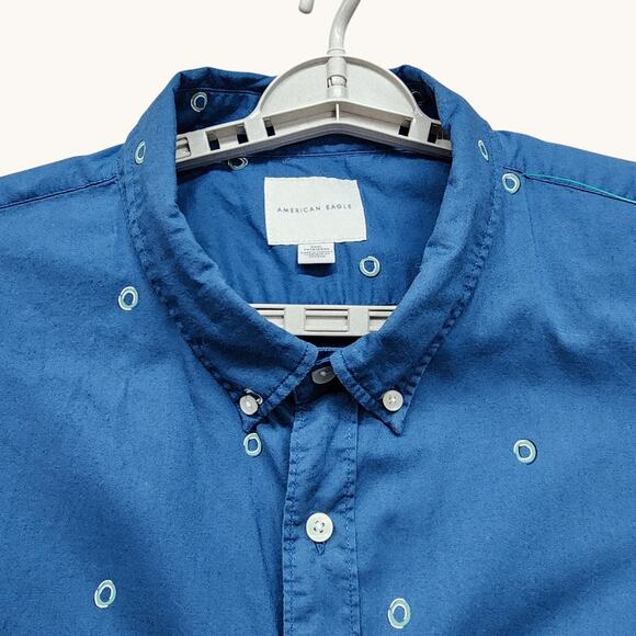American Eagle Mens XXXL Button Down Shirt Blue Circle Print Short Sleeve Cotton - Picture 2 of 9